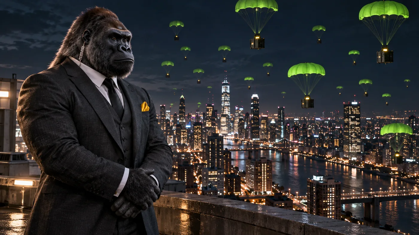 The ape agent on a rooftop at night while green parachute airdrops fall over the city