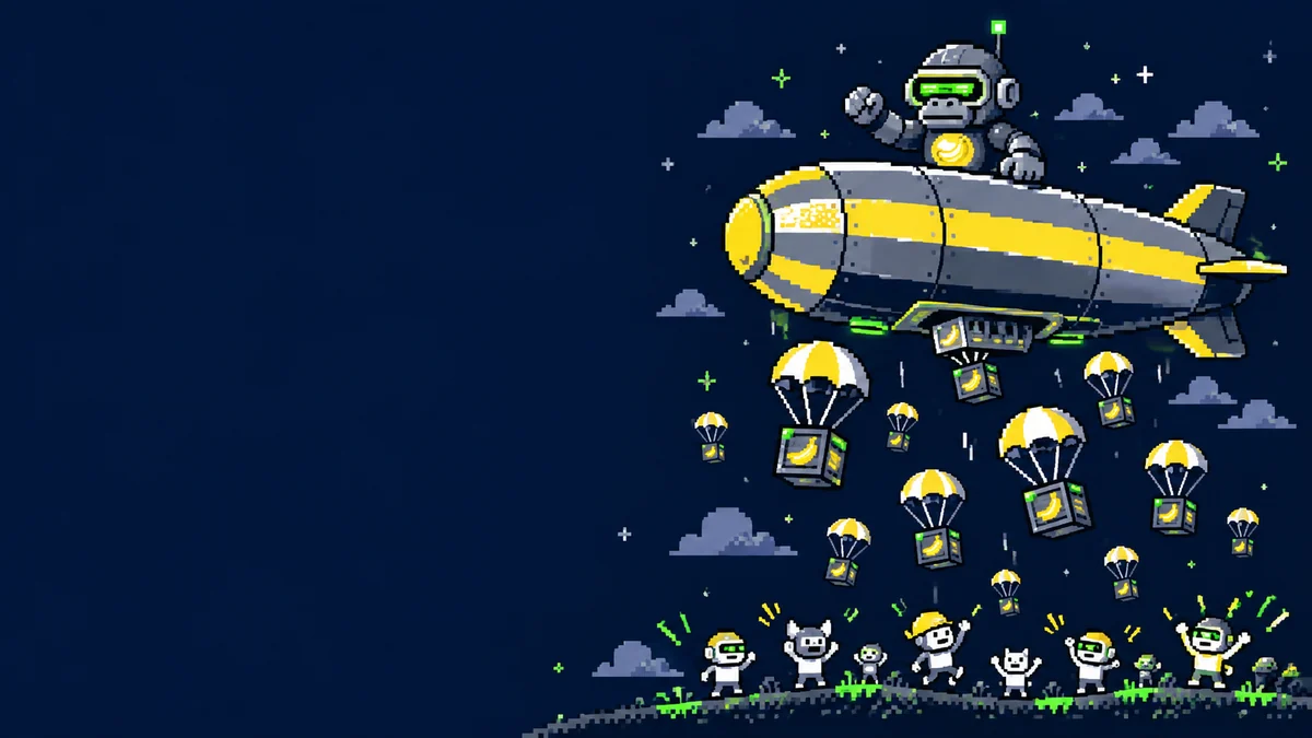 Pixel art: the ape rides a banana airship and drops crates on parachutes to cheering holders