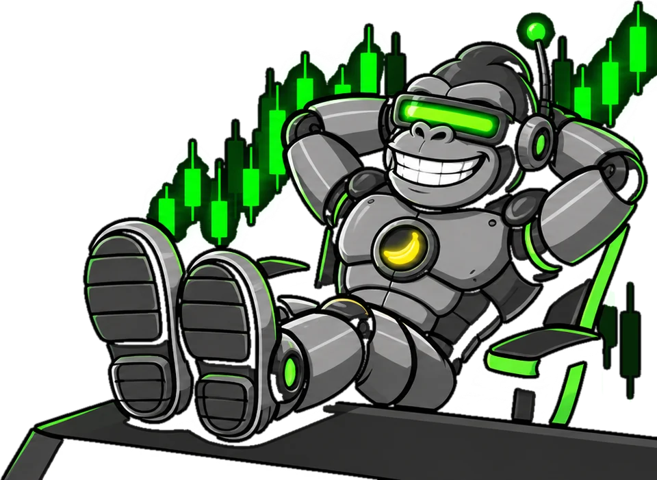 The ape relaxing in a gaming chair with its feet up while green candles rise behind it