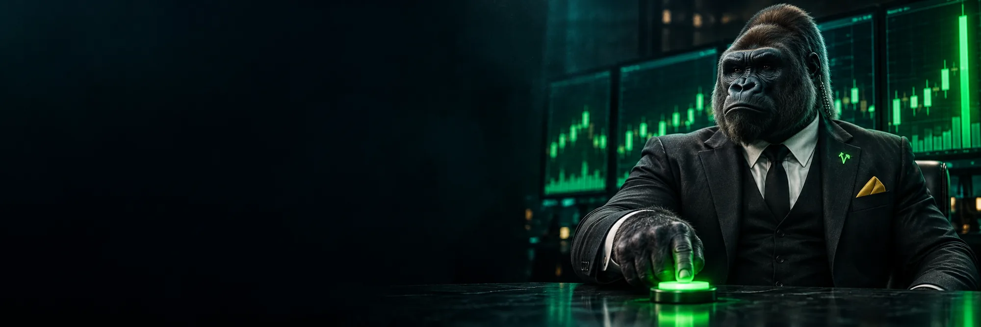 The ape agent at a desk pressing a glowing green button, trading screens behind it