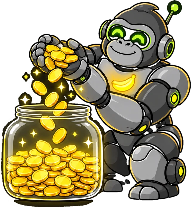 The ape pouring coins into a glass jar