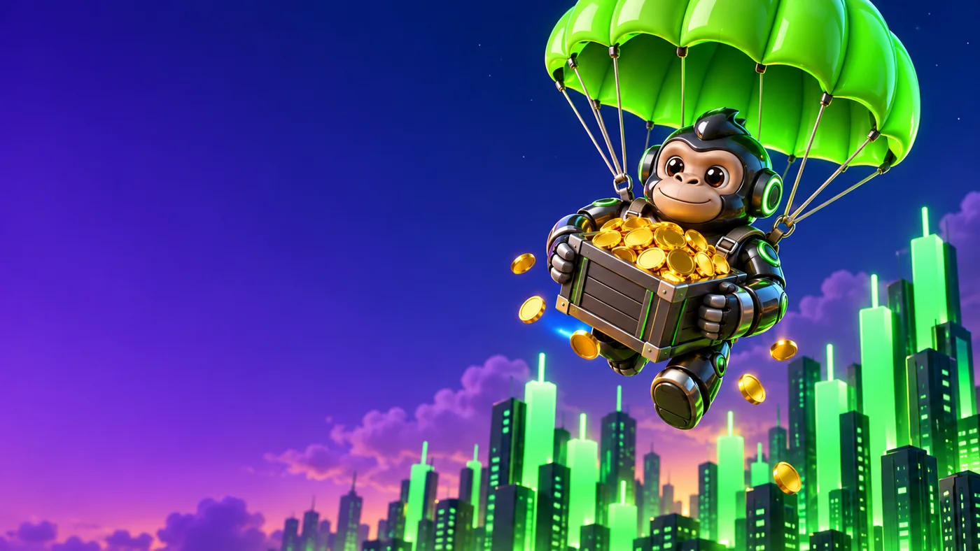 The ape parachuting over a city of green candles with a crate of coins