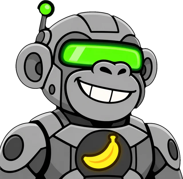 The robot ape mascot smiling, with a glowing banana on its chest