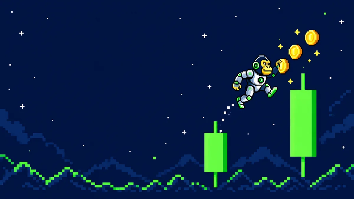 Pixel art: the ape jumps from a small green candle toward a bigger one