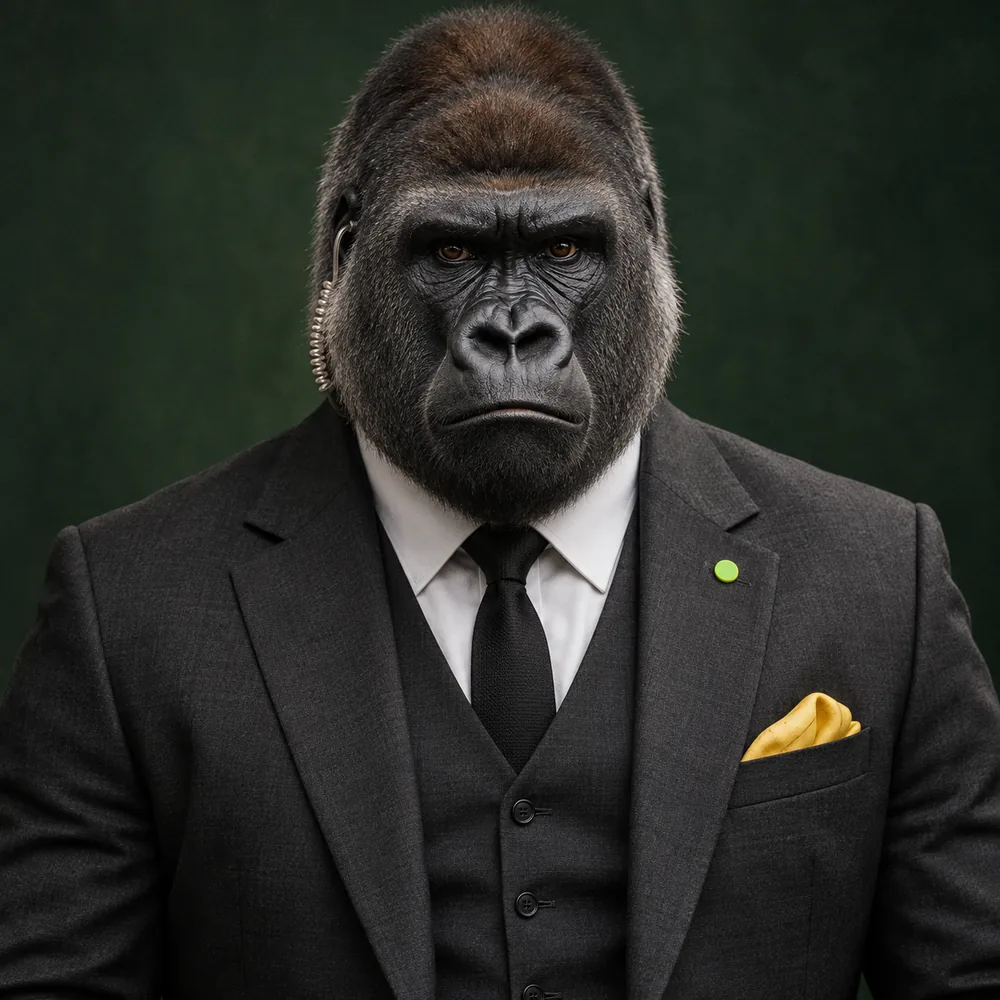 Portrait of the ape agent: a gorilla in a dark three-piece suit with an earpiece, a green lapel pin and a yellow pocket square