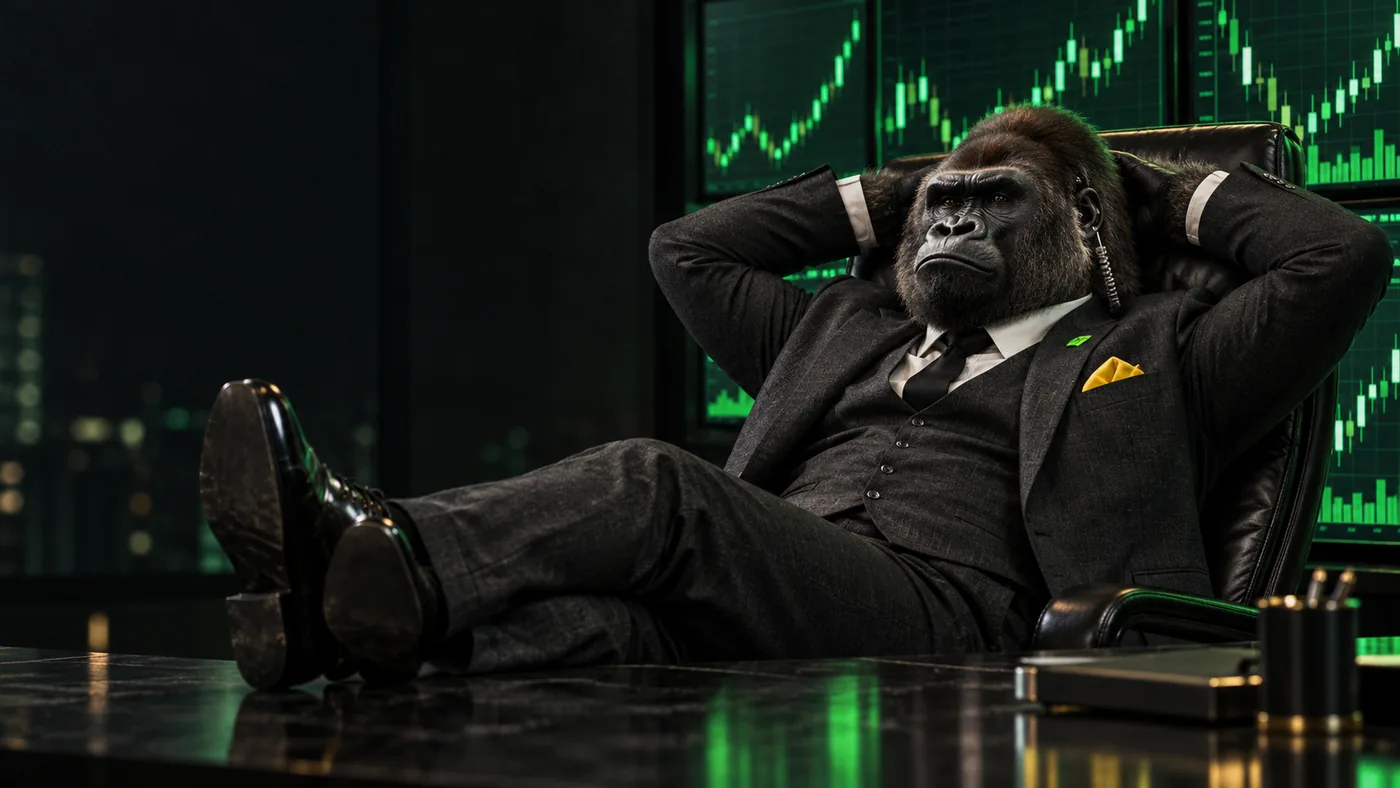 The ape agent leaning back in an office chair with its feet on the desk, green charts behind it