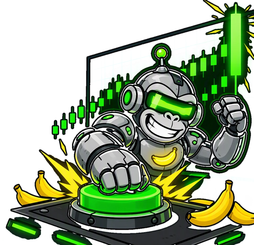 The robot ape smashing a green buy button in front of a rising chart