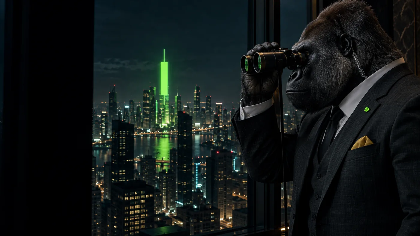 The ape agent watching a city skyline through binoculars, one tower glowing green